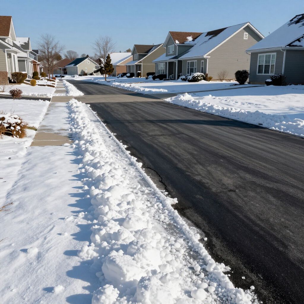 Snowy residential street lined with houses and sidewalks; snow piled along road edge.