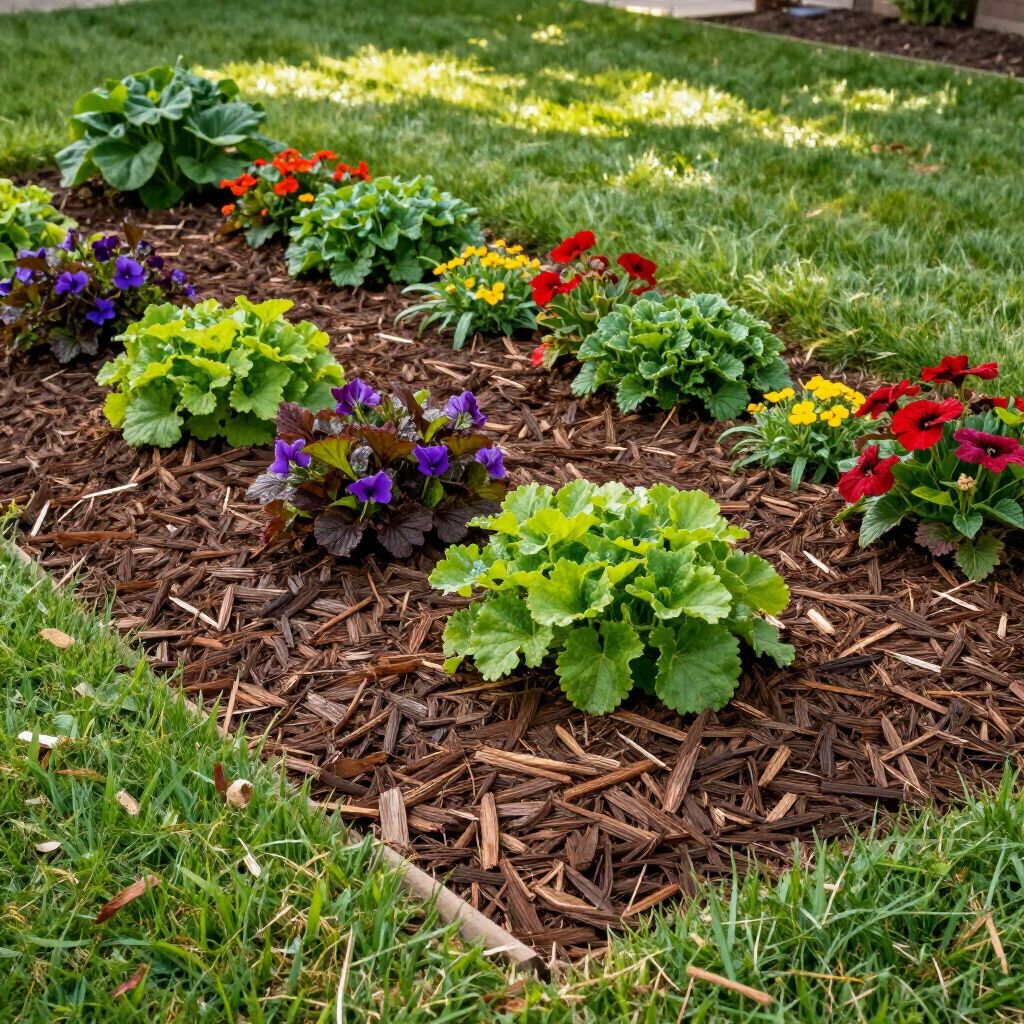 Flower bed with green and purple plants, red and yellow flowers, and wood chip mulch.