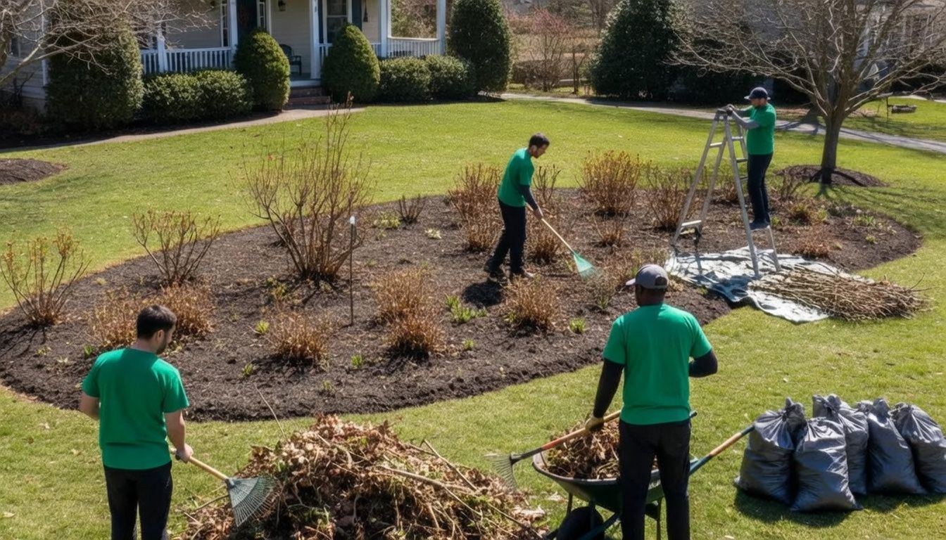 A crew in matching green shirts works together to clean up a residential yard, raking leaves and trimming a bush.