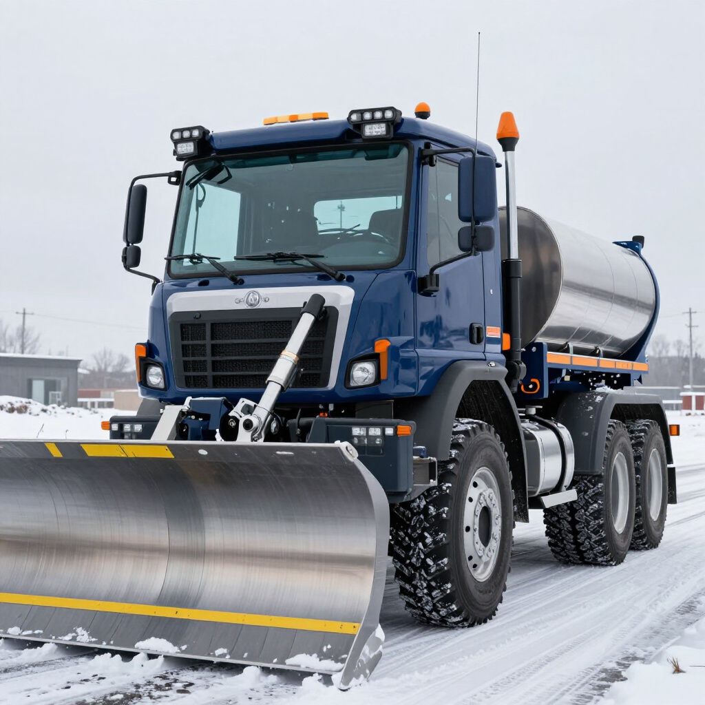 Blue snowplow truck clearing a snowy road with a water tank in the winter.