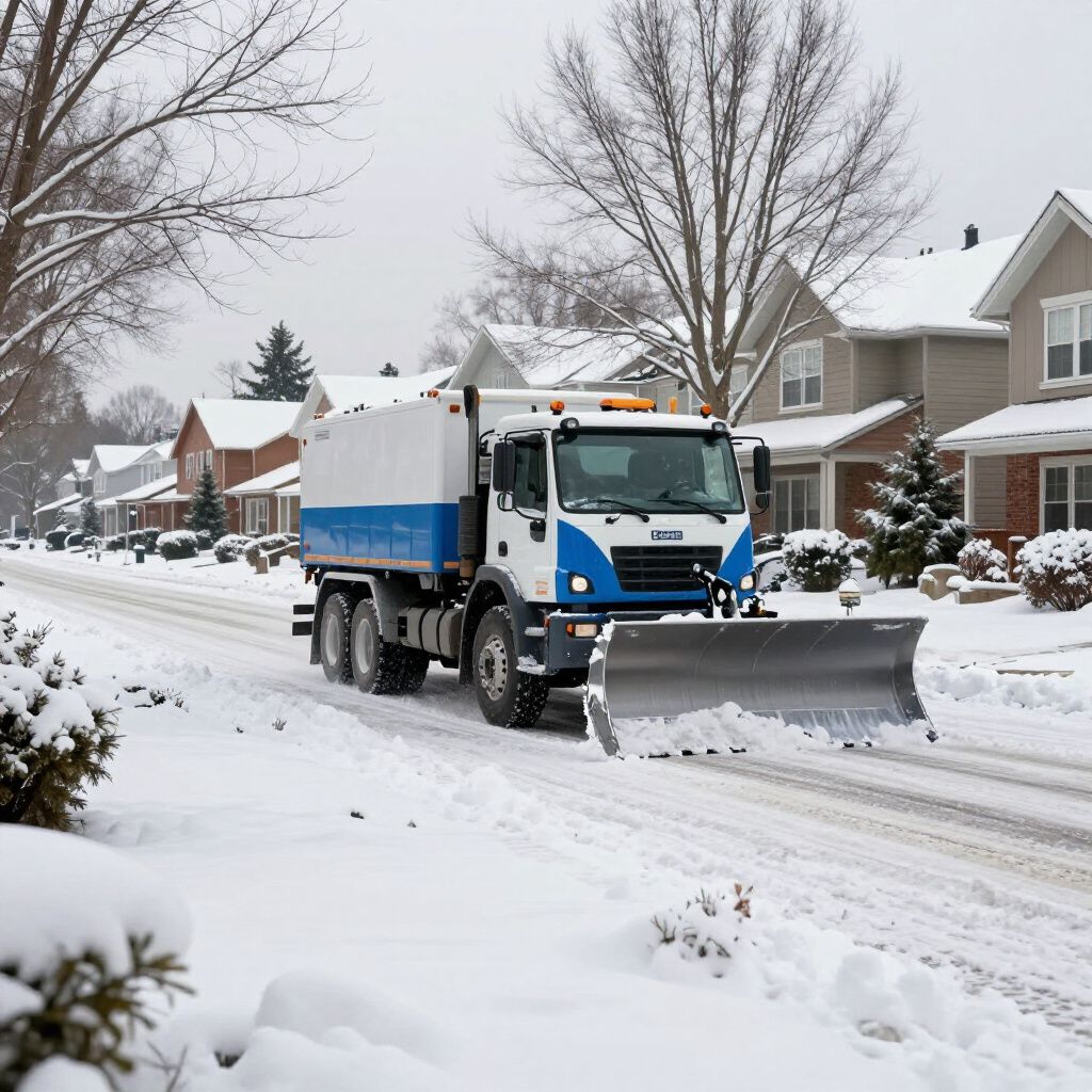 Snowplow truck clearing a residential street covered in snow.