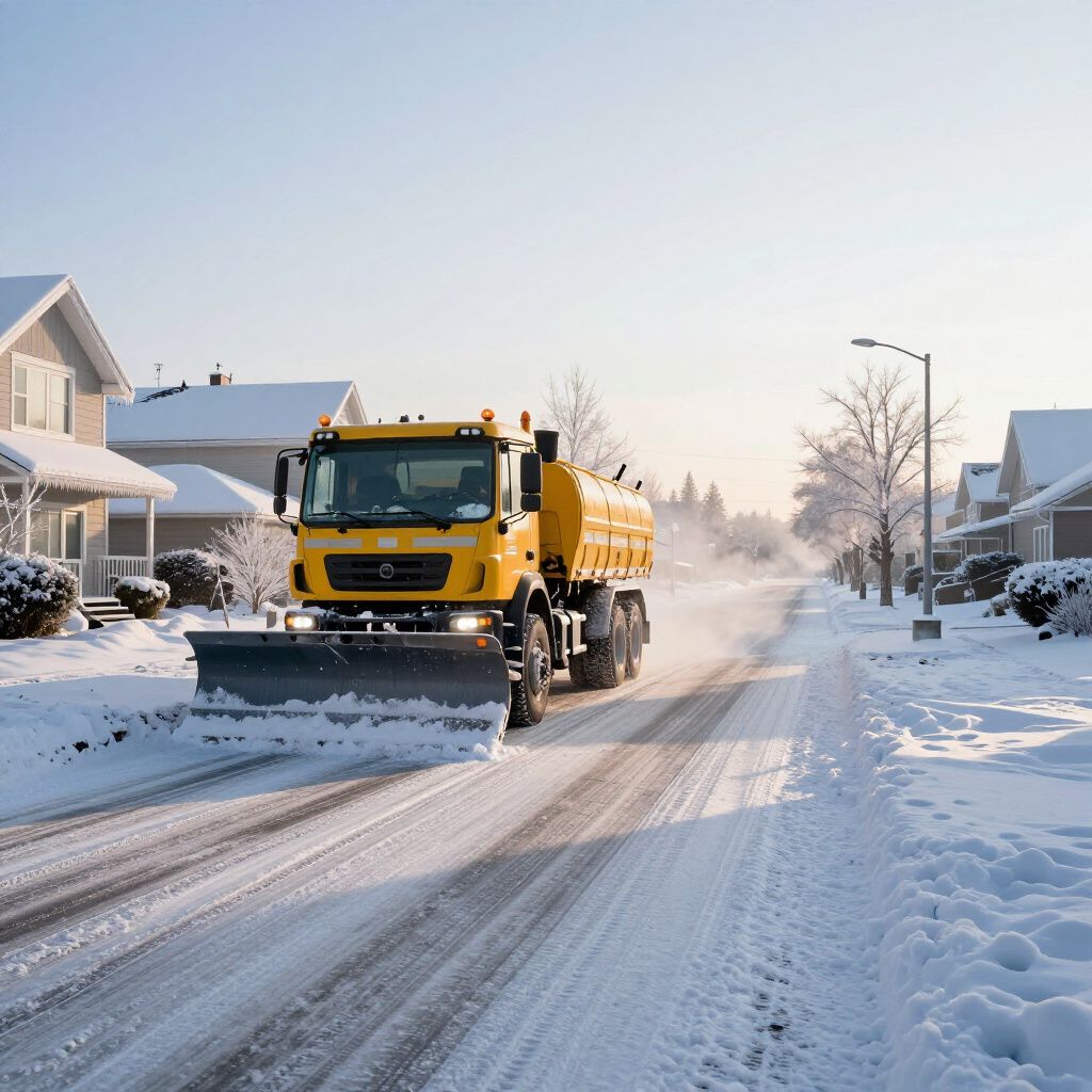 Yellow snowplow clearing a snowy residential street on a sunny day.