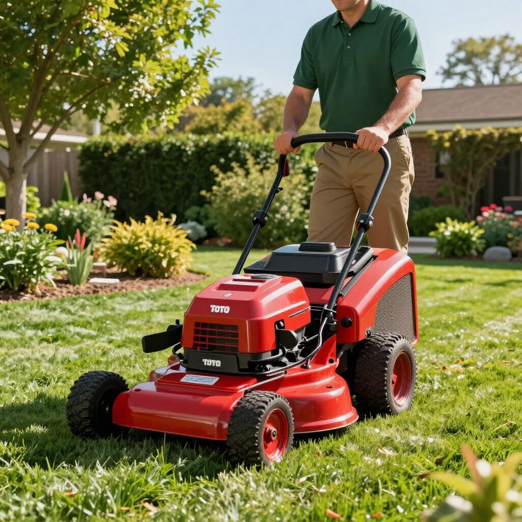 Man mowing a green lawn with a red Toro mower in a sunny yard.