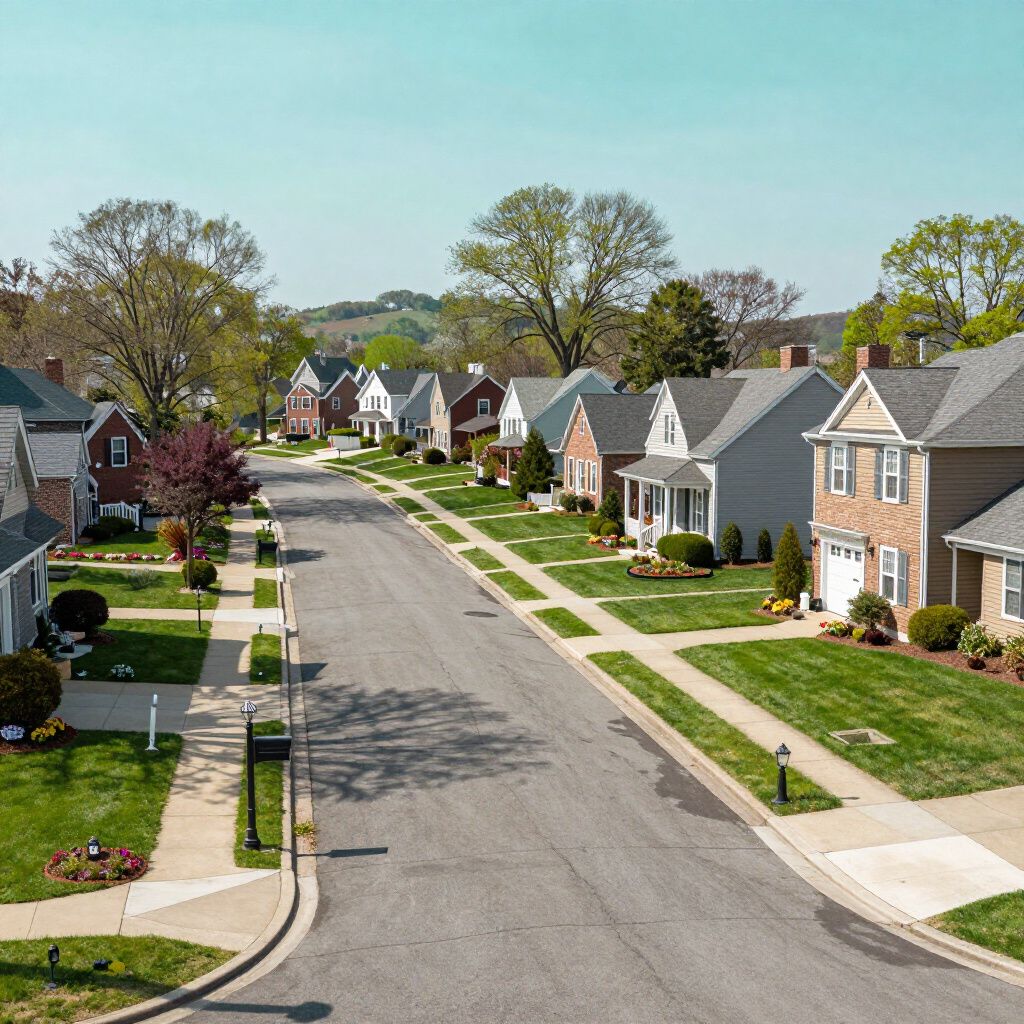 Residential street lined with houses, with green lawns and blue sky in the background.