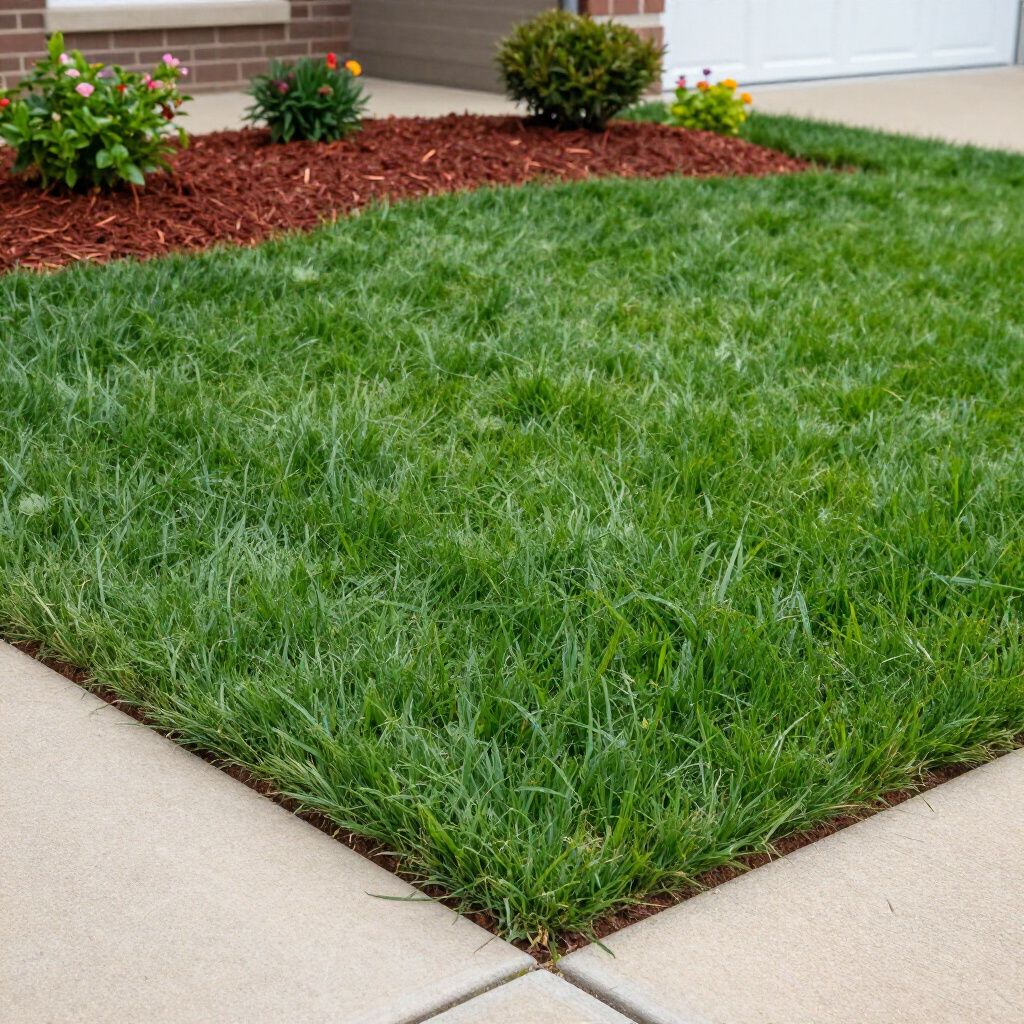 Green lawn next to a flower bed with mulch, bordered by a concrete sidewalk.