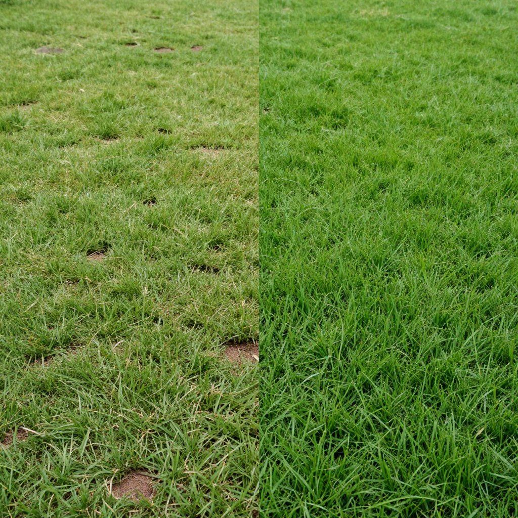 Side-by-side comparison of a patchy lawn (left) and a lush, green lawn (right).