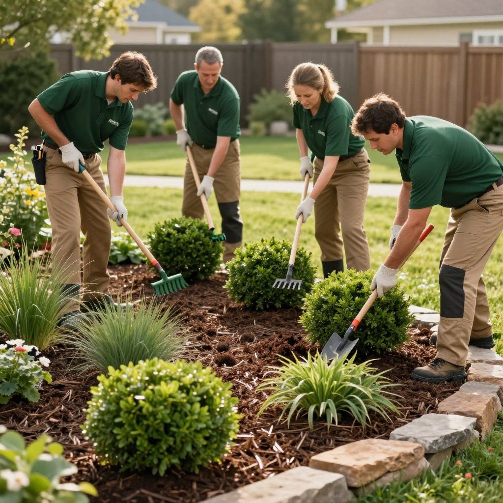 Landscapers in green shirts and tan pants working in a garden, using rakes and a shovel.