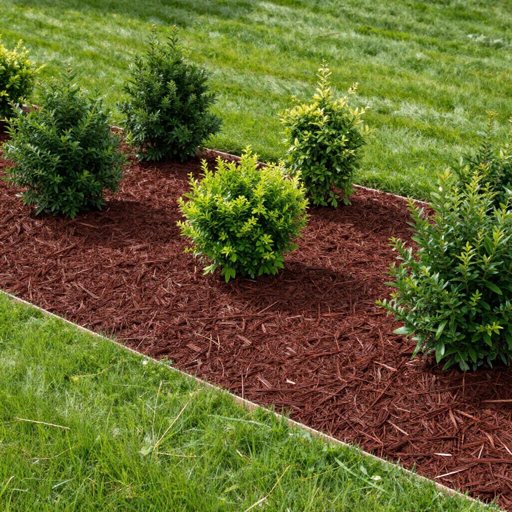 Red mulch bed with green shrubs and lawn.