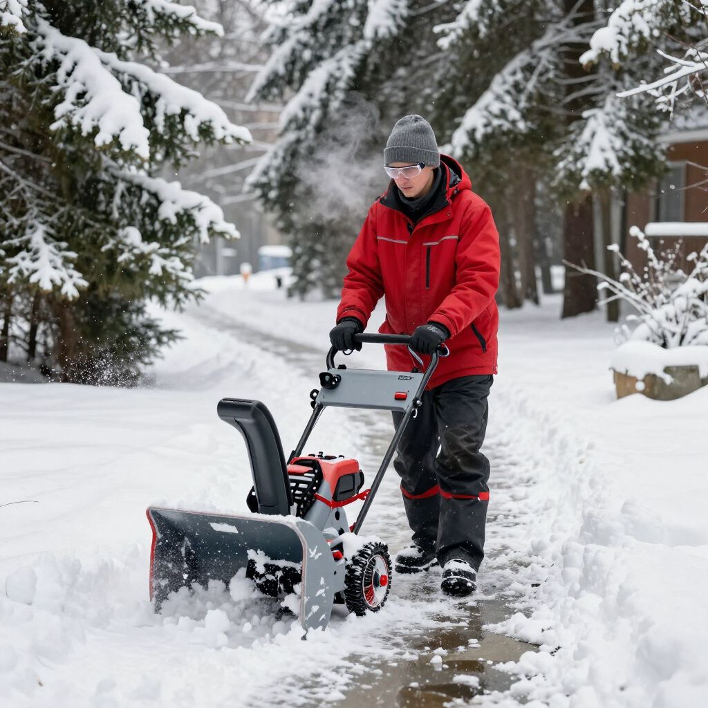 Person in red jacket using a snow blower on a snowy sidewalk, trees in background.