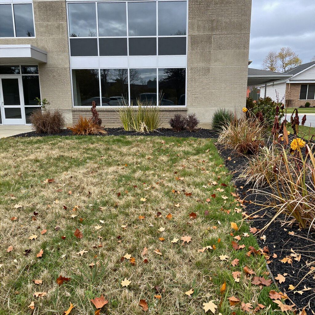 Building exterior with a lawn and flower beds, leaves on the grass.