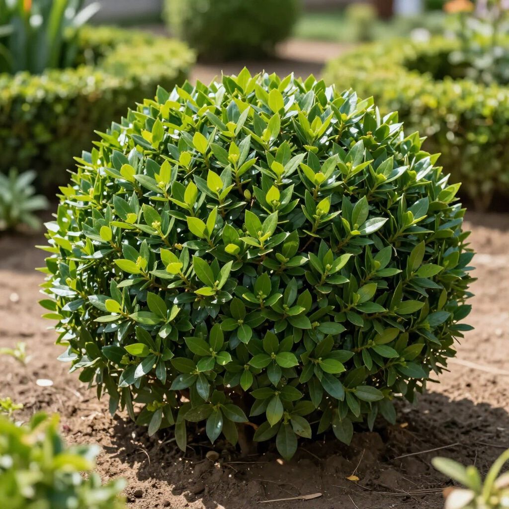 Green, round bush in a garden bed with other trimmed bushes in the background.