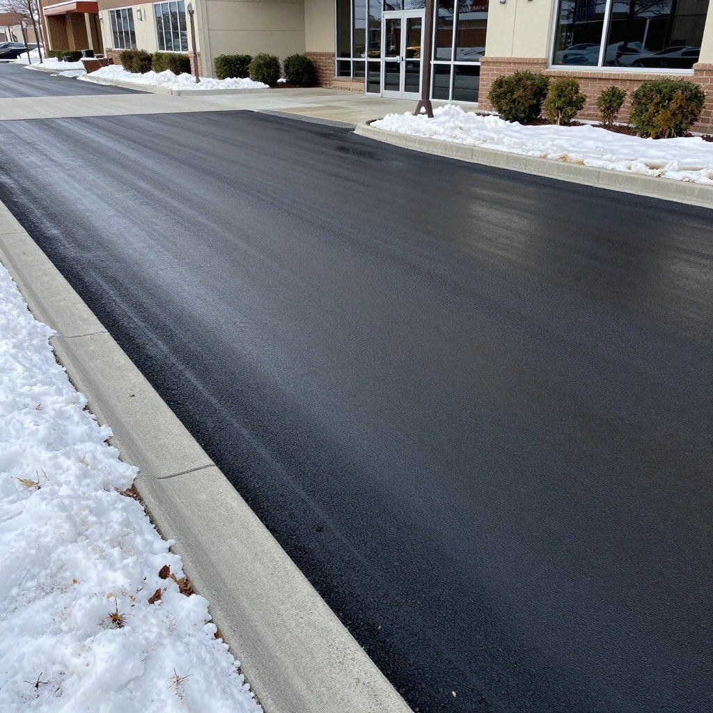 Freshly paved black asphalt driveway next to a snow-covered curb and building with glass doors.