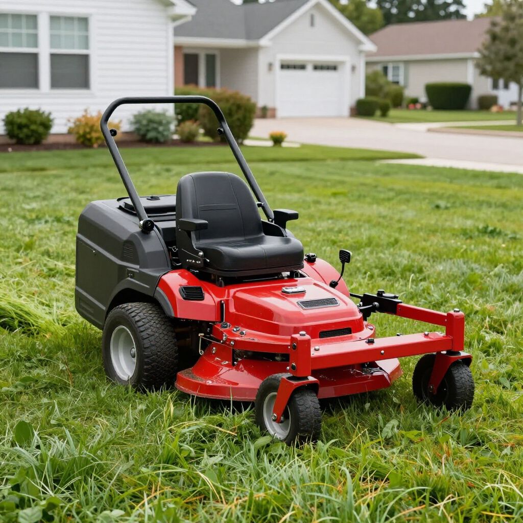 Red zero-turn lawnmower on a green lawn in front of houses on a sunny day.