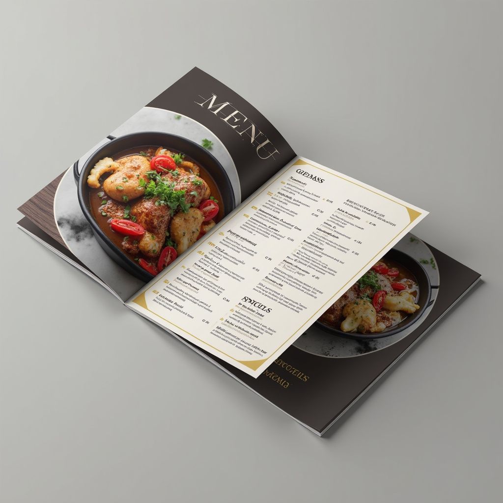 Open restaurant menu featuring a photo of food and a list of menu items.