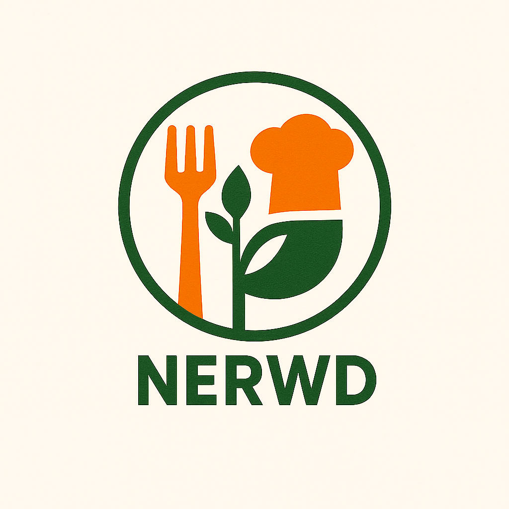 Logo: orange fork, chef hat, and plant in green circle; 