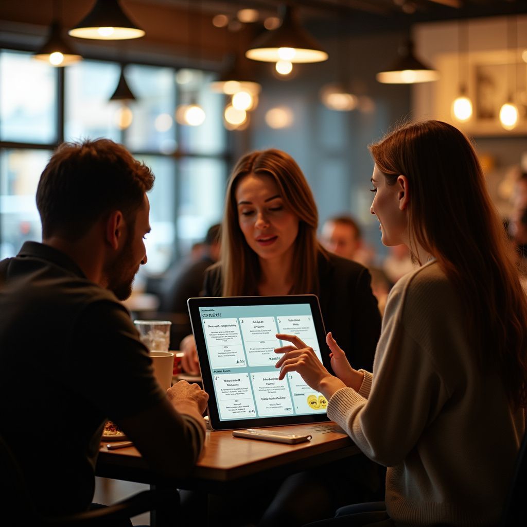 Three people at a table looking at a tablet in a cafe, discussing a presentation.
