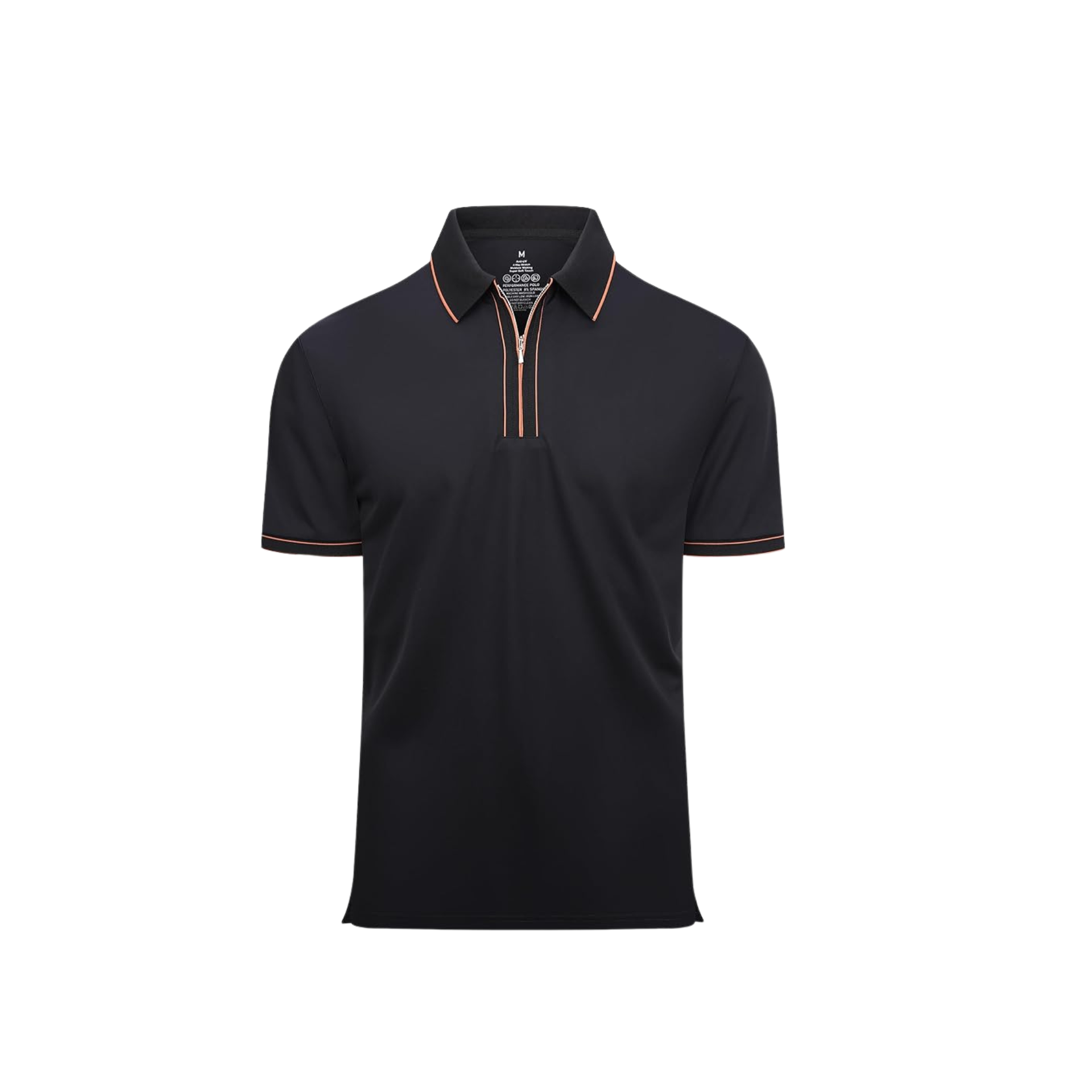 A short-sleeved gray polo shirt with a copper-colored zipper placket and trim on a black background.