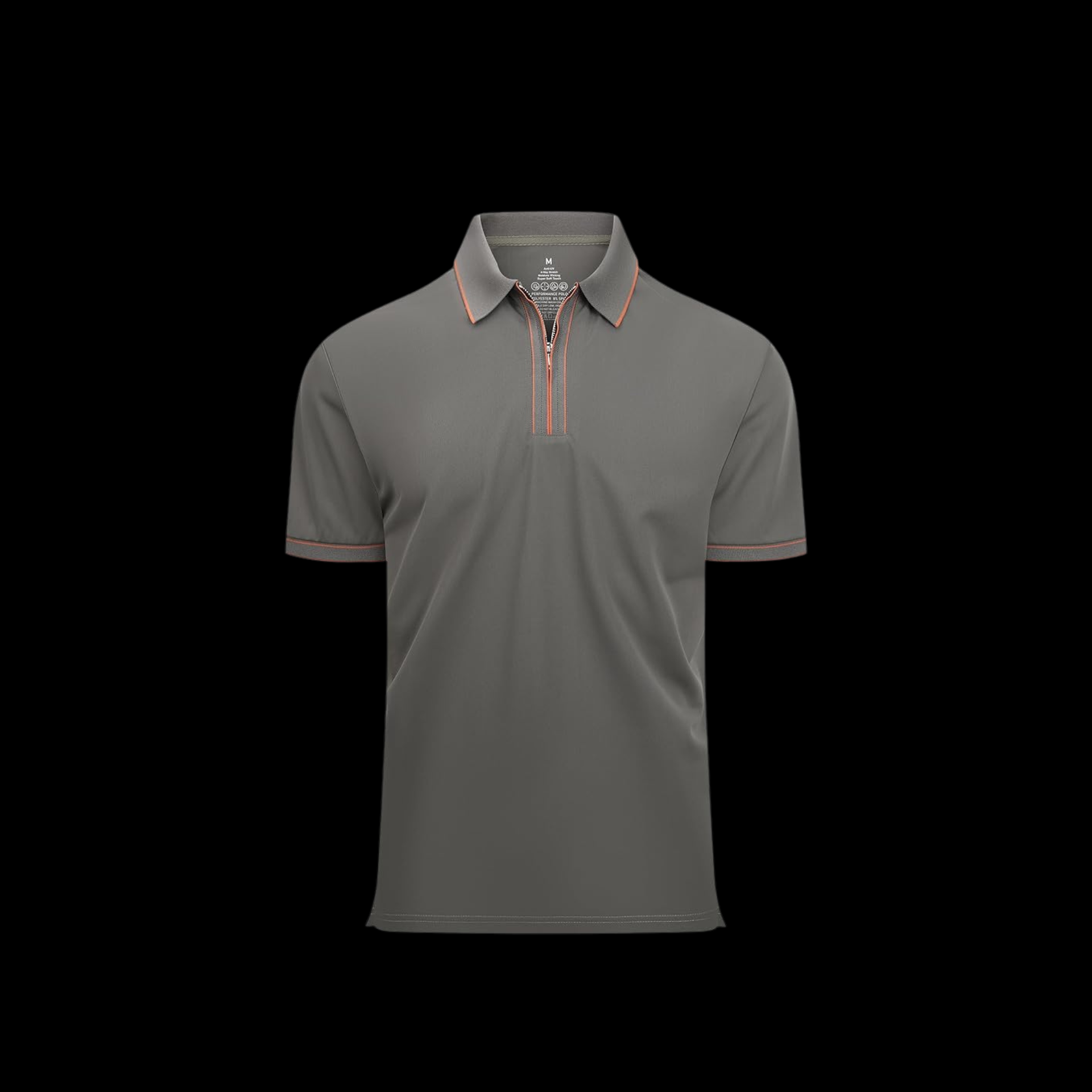 A short-sleeved gray polo shirt with a copper-colored zipper placket and trim on a black background.