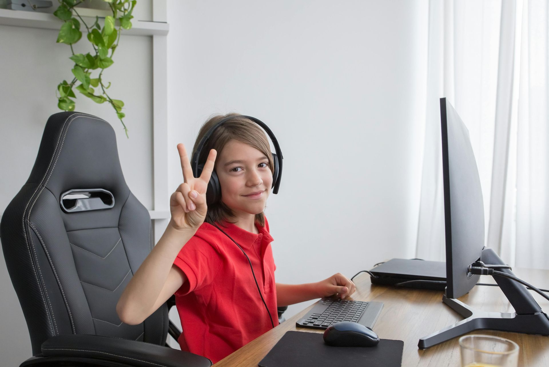 Young person wearing headphones, gives the peace sign while sitting at a computer.
