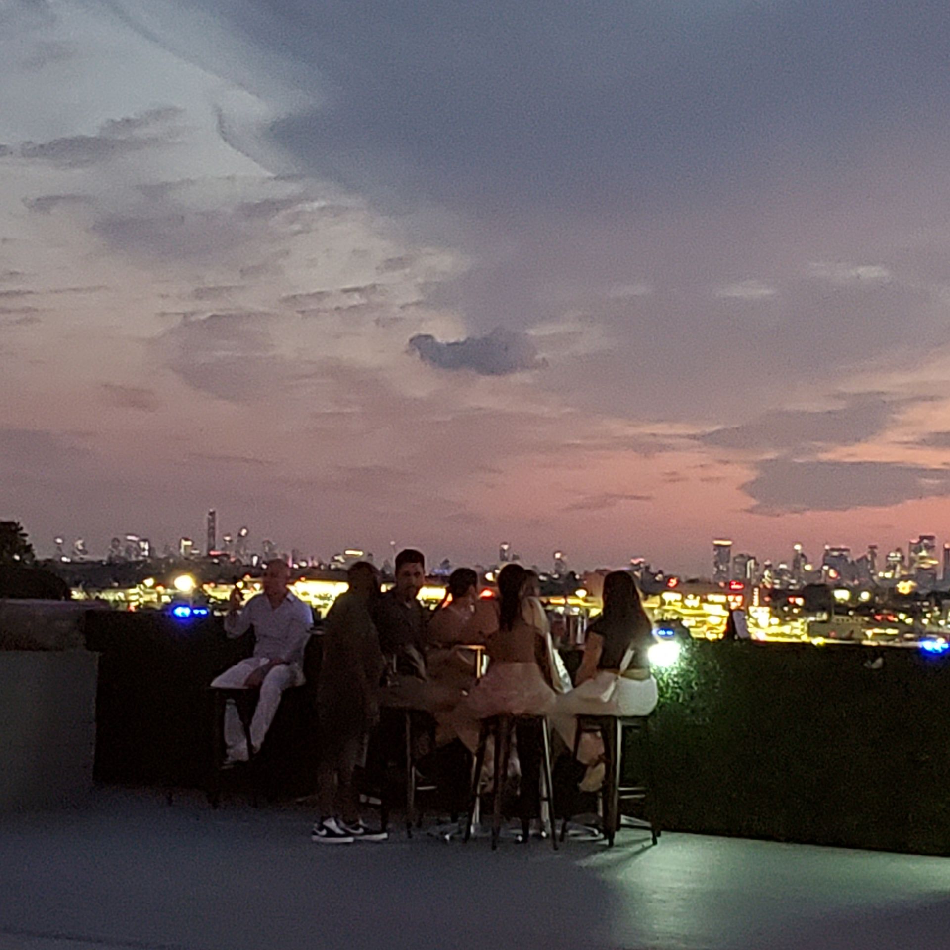 A group of people sitting around a table with a city in the background