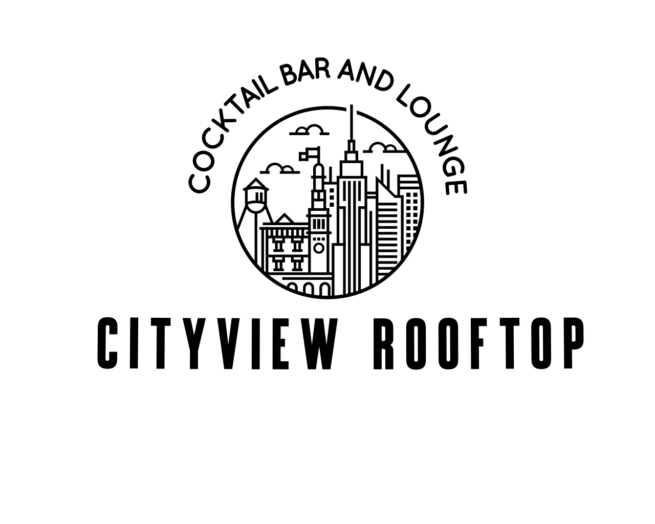 A logo for city view rooftop event space with a rose and leaves.