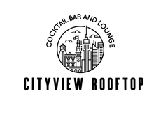 A logo for city view rooftop event space with a rose and leaves.