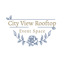 A logo for city view rooftop event space with a rose and leaves.