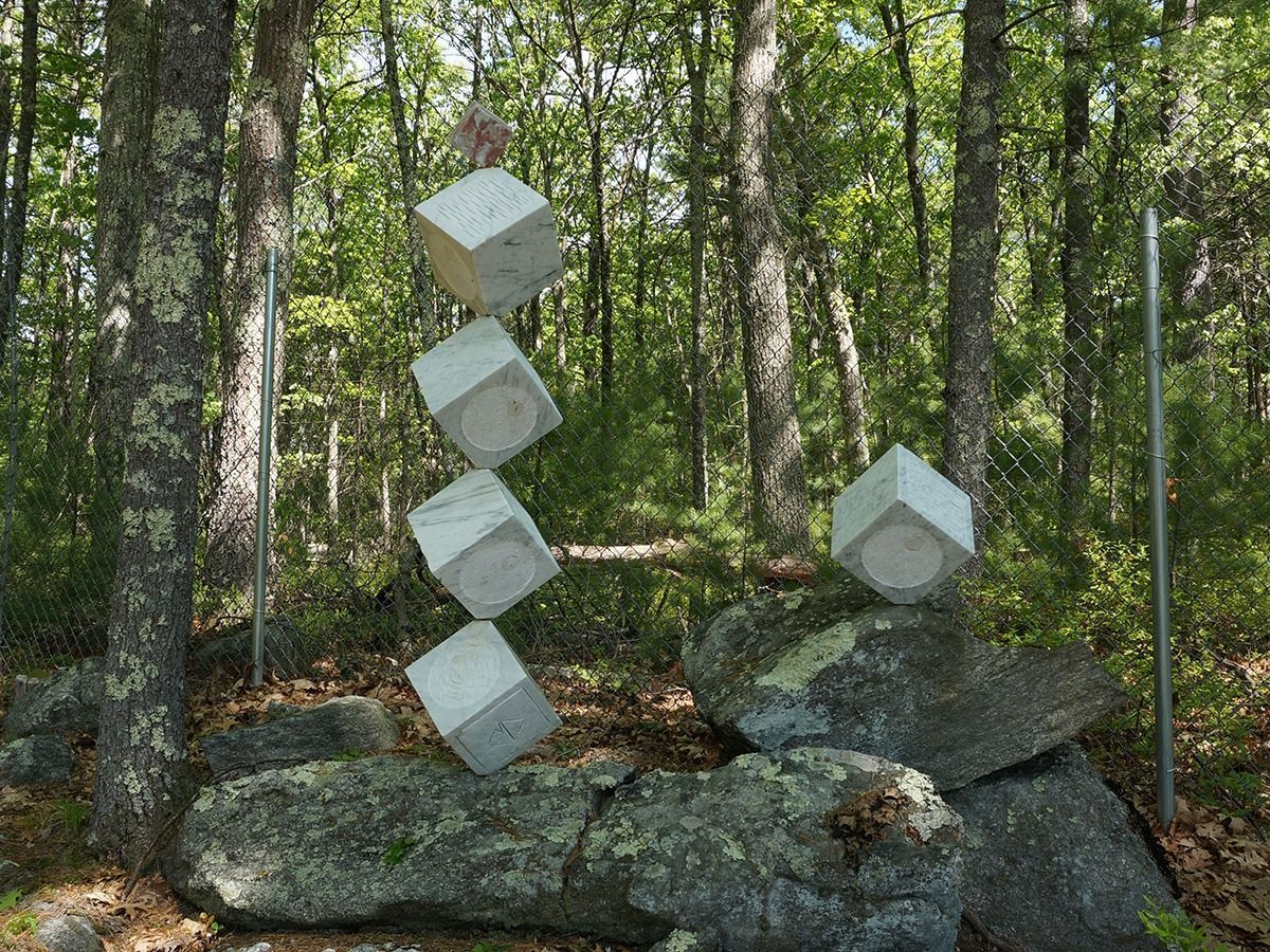 Five concrete blocks balanced precariously on rocks in a forest, with trees in the background.