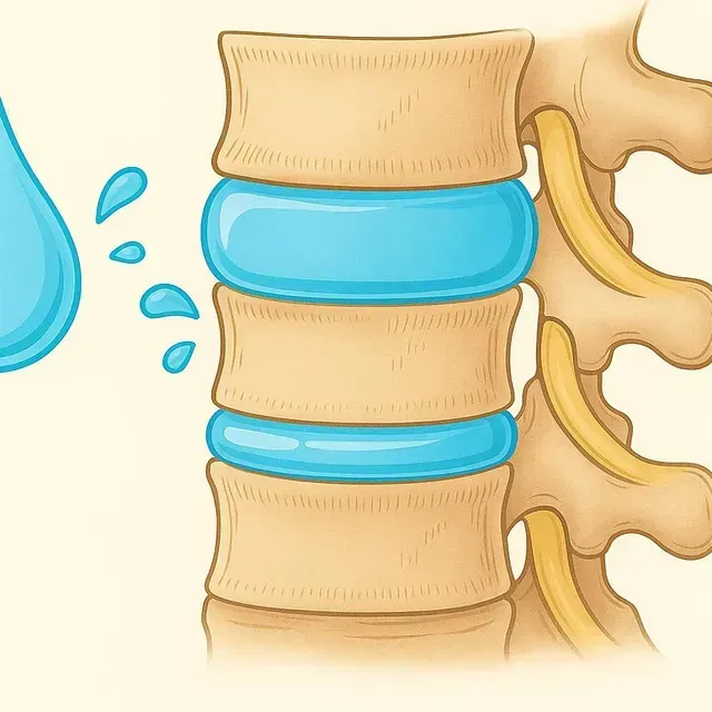 Illustration of a herniated spinal disc with blue fluid bulging between vertebrae.