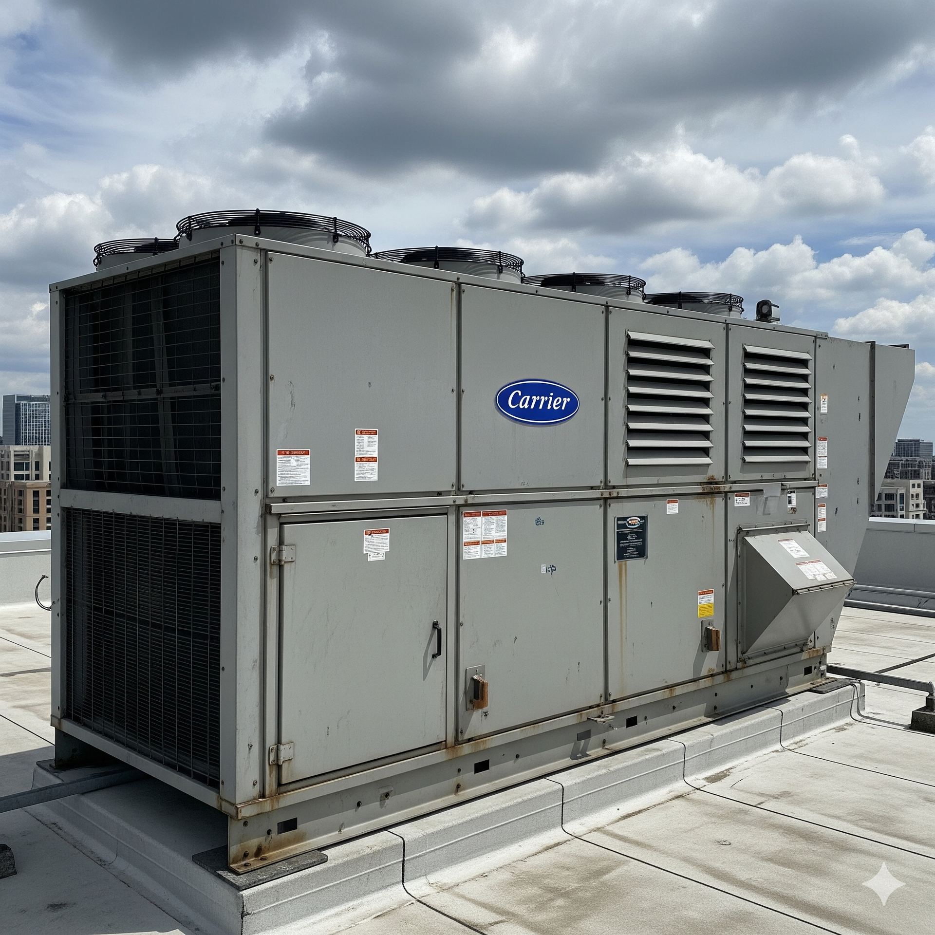 Large gray Carrier rooftop HVAC unit.