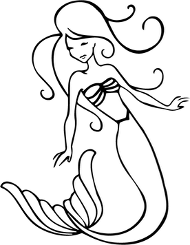 Line drawing of a mermaid with long wavy hair, looking down, arm outstretched, and a detailed tail.
