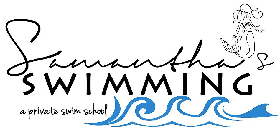Logo: "Samantha's Swimming" with a mermaid illustration, waves, and "a private swim school" text.