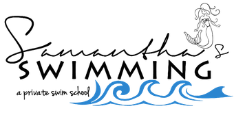 Logo: "Samantha's Swimming" with a mermaid illustration, waves, and "a private swim school" text.
