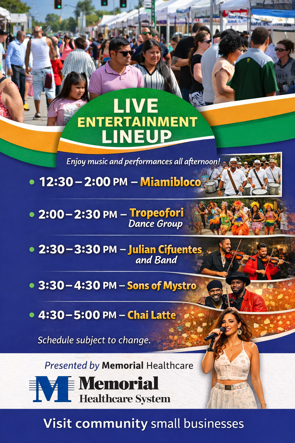 An ad  showing all the entertainment that will be at the Party On The J on February 1