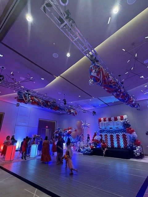 Balloon rigging in a ballroom for a USA Patriotic balloon drop.