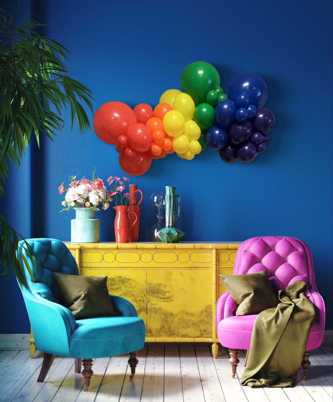 An organic balloon garland in rainbow colors in celebration of PRIDE.  Created by Event and Balloons in Hollywood FL.