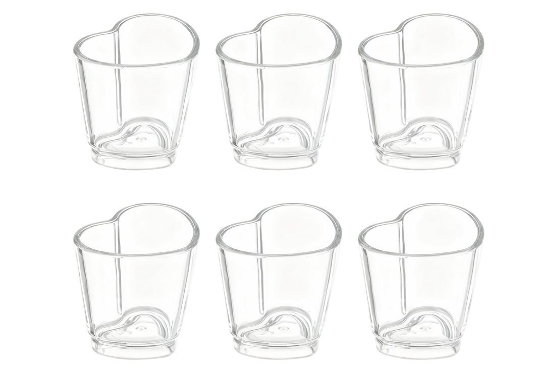 6 clear heart shaped shot glasses