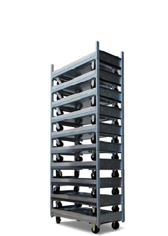 A metal cart with a metal tray on top of it.