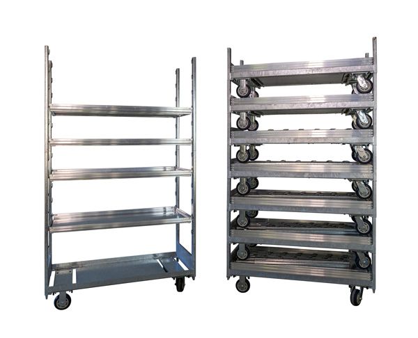 Two metal carts with wheels and shelves on a white background.