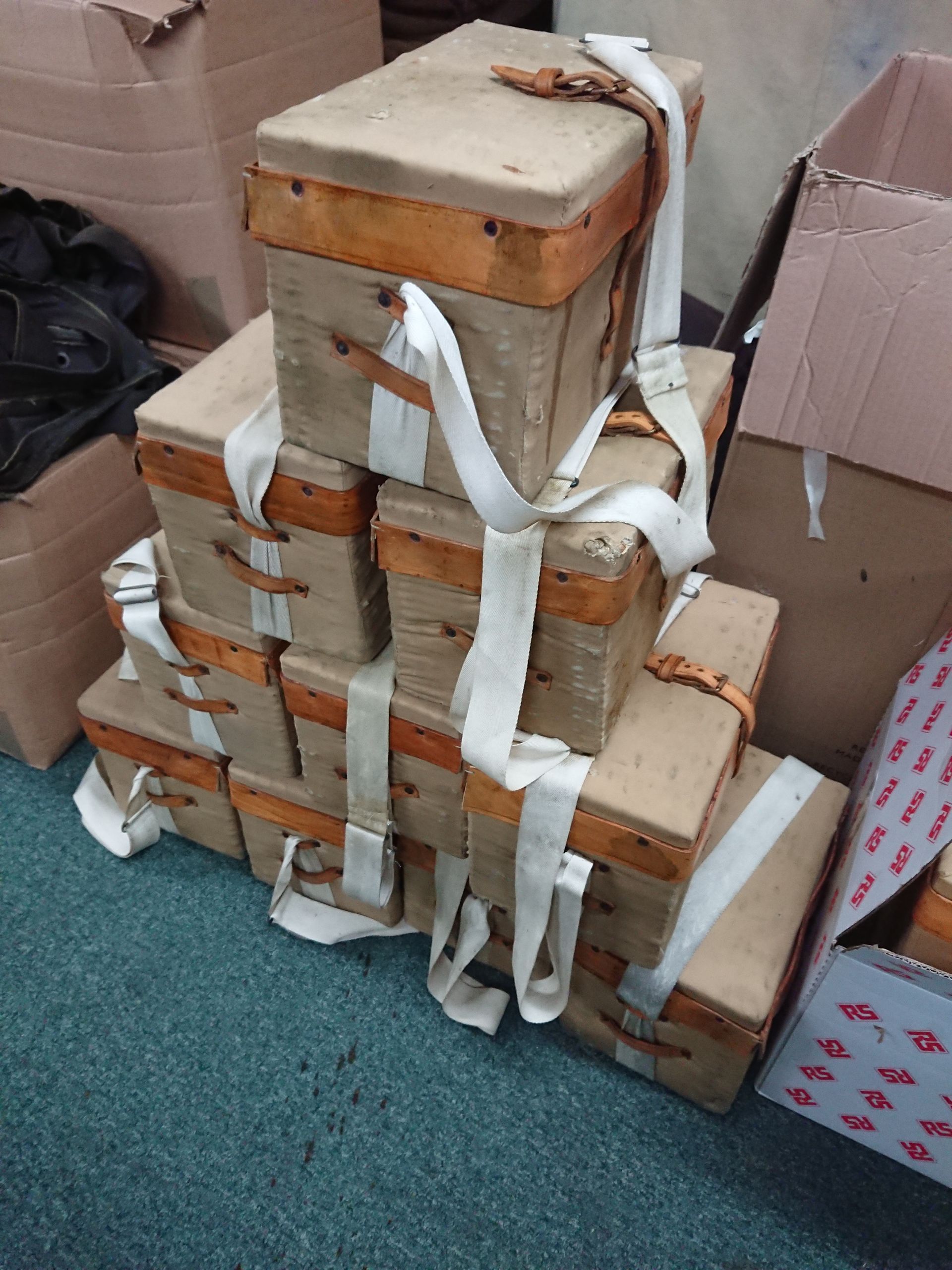 A stack of wicker WW1 British army medical boxes. made for the film 