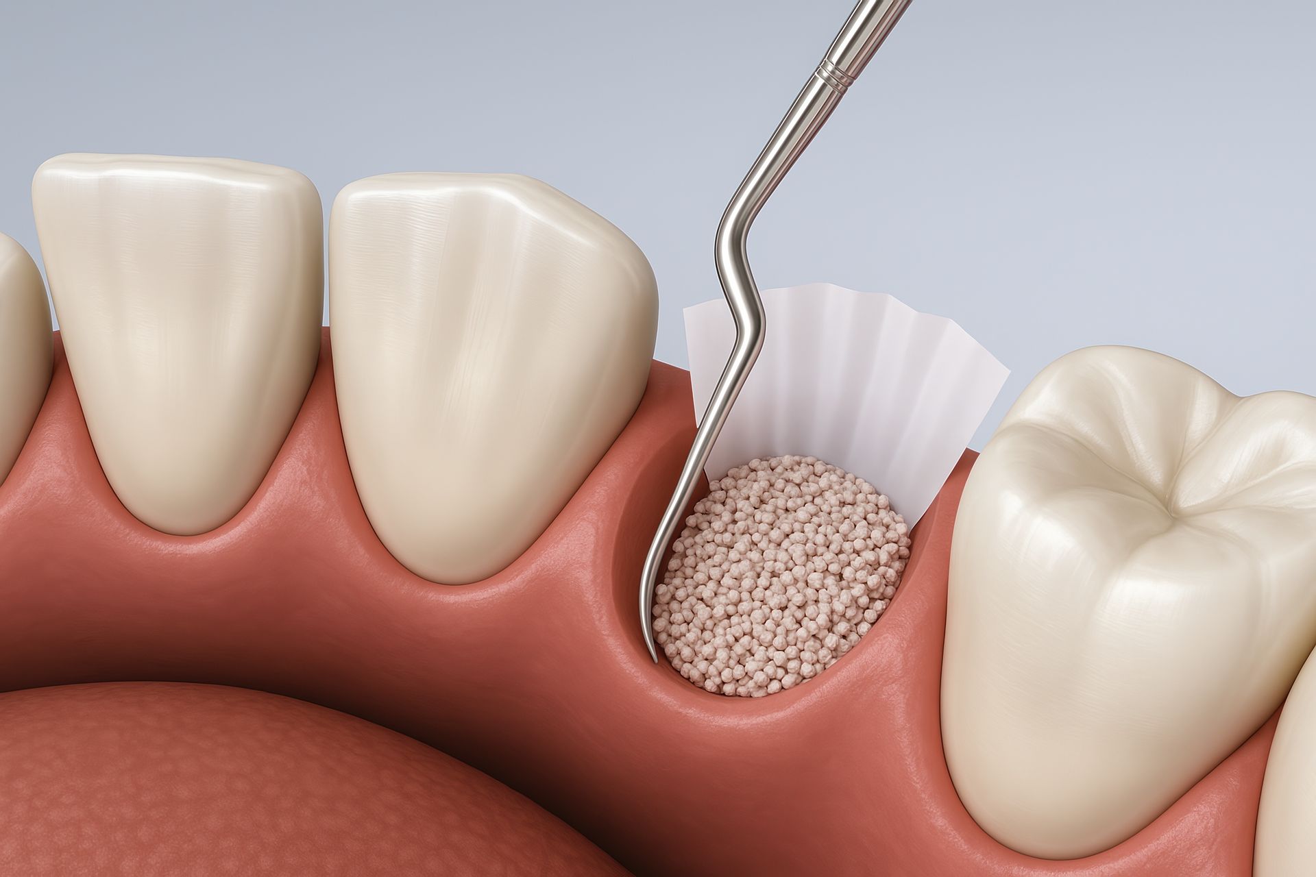 Dental bone graft procedure: granular material is placed in a tooth socket with a surgical instrument.