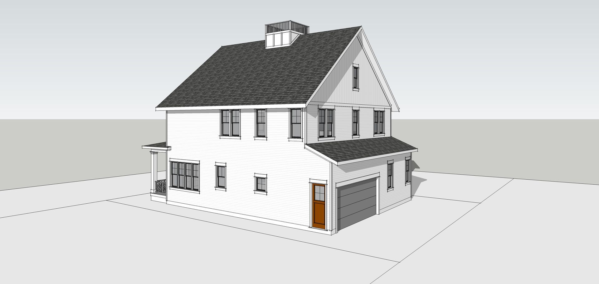 A 3d model of a white house with a black roof