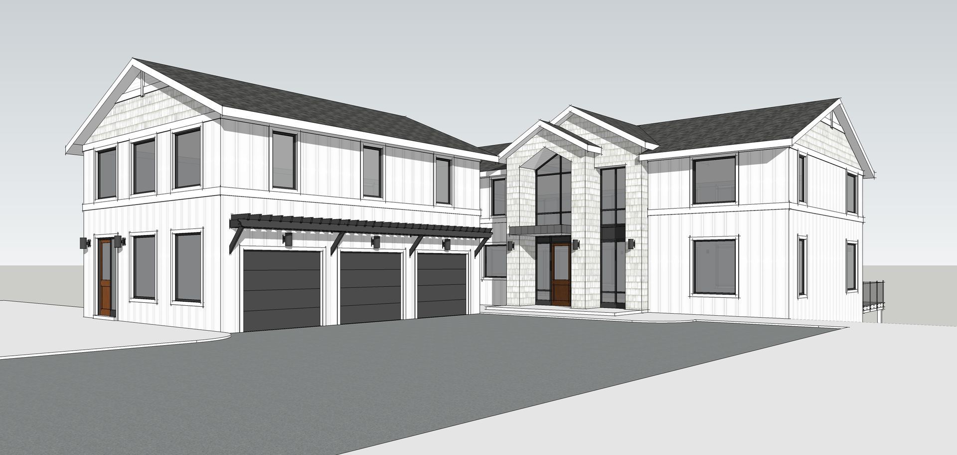 A black and white drawing of a large white house with two garages.