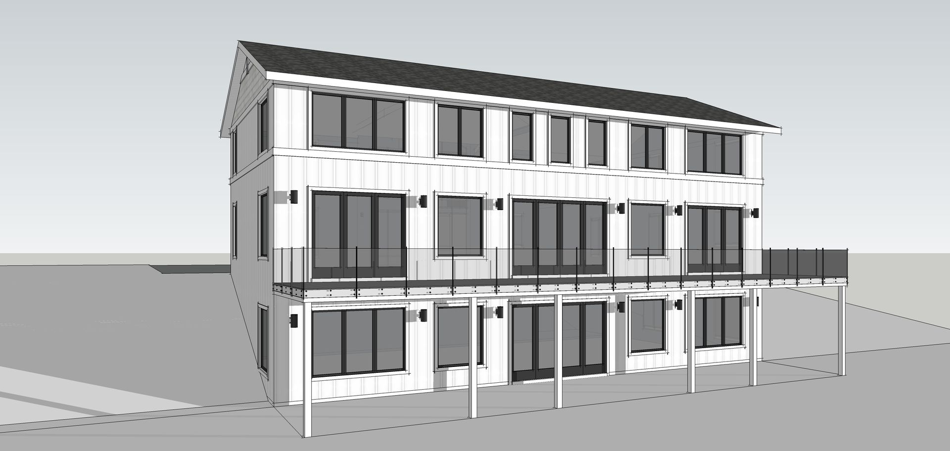 A black and white drawing of a building with a balcony.