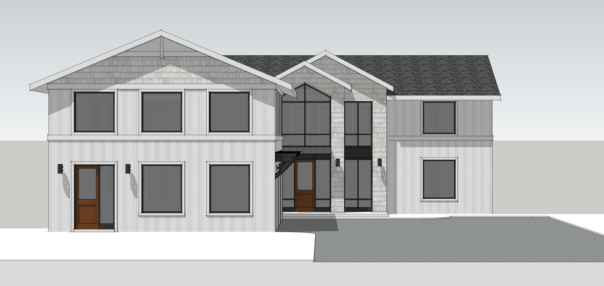 A computer generated image of a large white house with a black roof.