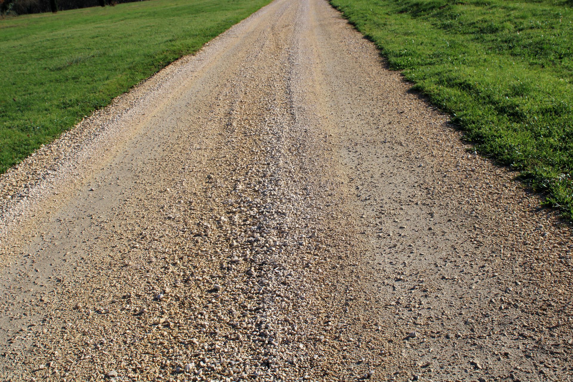 Gravel road stretching into the distance, bordered by green grass on both sides.