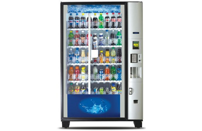 A commercial vending machine with various chilled beverages.