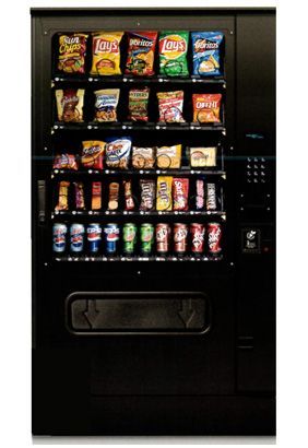 Black vending machine with snacks and drinks.