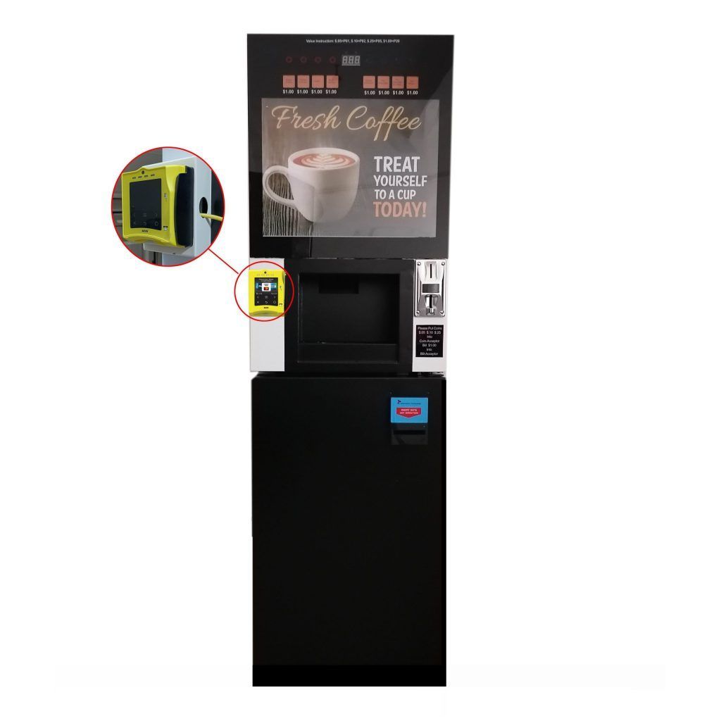 Coffee vending machine with touchscreen display and external card reader. Black and white.