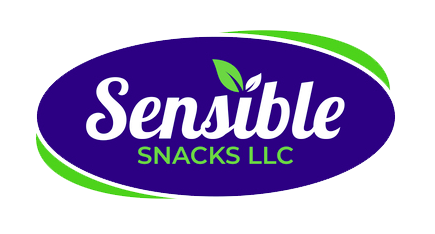 Sensible Snacks LLC logo: white text on a purple oval, green outline and leaf icon.